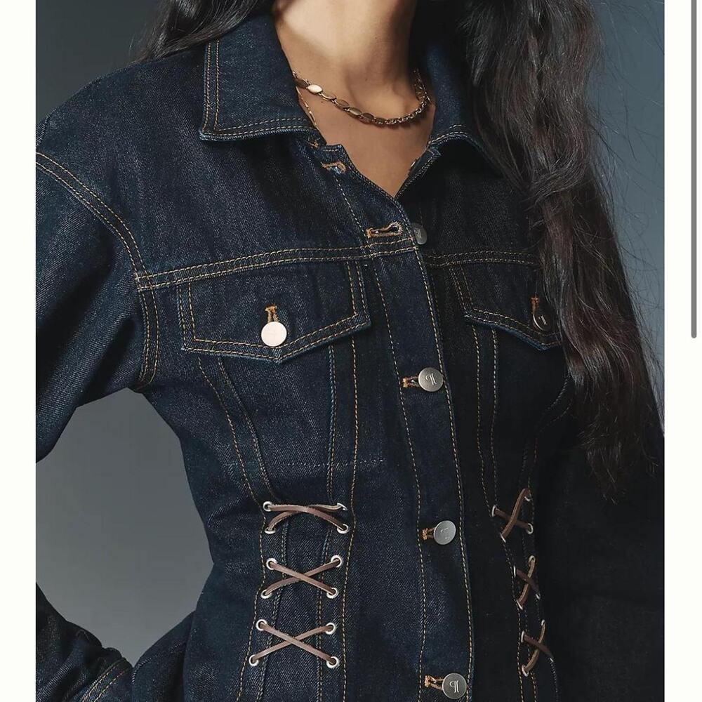 ANTHROPOLOGIE Corset Lace up front dark wash denim jacket Medium